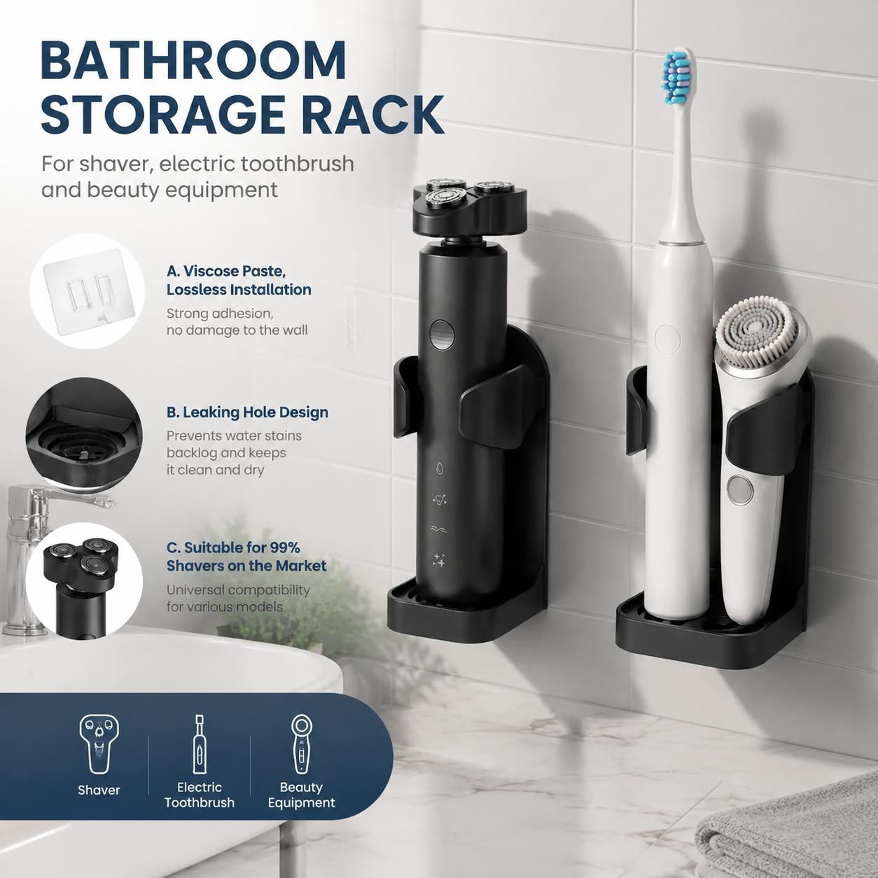Home Essentials Bathroom Accessories - Selbstklebender, bohrfreier, wasserdichter Zahnbürstenhalter zur Wandmontage,