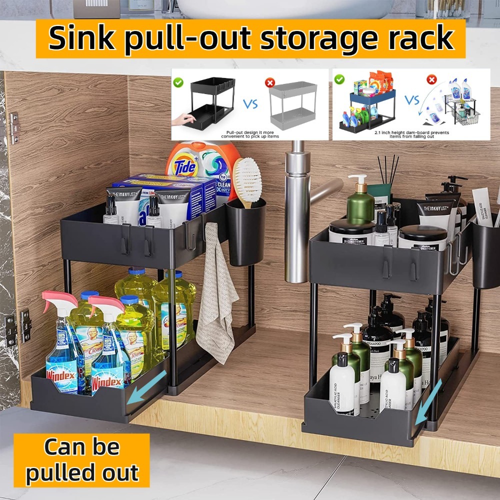 Home Depot Bathroom Sink - 2-stöckiger Ausziehbarer Unterschrank-Organizer, Aufbewahrungsregal mit Haken